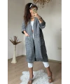 Kabartma Desenlı Uzun Triko Hırka Gri