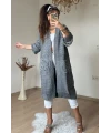 Kabartma Desenlı Uzun Triko Hırka Gri