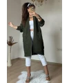 Kabartma Desenlı Uzun Triko Hırka Yeşil