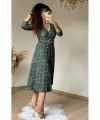 Kemerli Çıtır Çiçekli Krep Elbise Haki