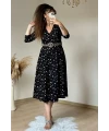 Kemerli Çıtır Çiçekli Midi Boy Elbise Siyah