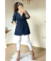Kısa Kare Desen Trençkot Lacivert