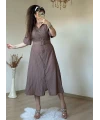 Kısa Kol Midi Boy Gömlek Elbise Kahve