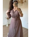Kısa Kol Midi Boy Gömlek Elbise Kahve