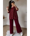 Kısa Kol Pul Payetli Takım Bordo