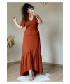 Kısa Kol Romantik Elbise Kiremit