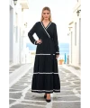 Kruvaze Yaka Kat Kat Uzun Elbise Siyah