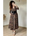 Kruvaze Yaka Uzun Kol Kahve Zebra Süet Elbise