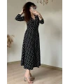 Kruvaze Yaka Uzun Kol Puanlı Süet Elbise
