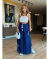 Mavi Nakışlı Pantolon Etek
