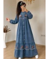 Nakış Detay ve Düğmeli Kot Elbise Acık Mavi
