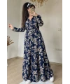 Soft Desenli Kemerli Lacivert Elbise