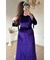 Uzun Kemerli Kol Bağcıklı Kadife Elbise -MOR