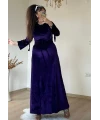 Uzun Kemerli Kol Bağcıklı Kadife Elbise -MOR