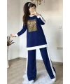 Uzun Kol Ön Kare Taşlı Takım Lacıvert