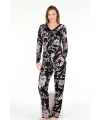 Uzun Kol Onü Düğmeli  Pembe Çiçekli Bayan Pijama Takımı