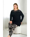 Uzun Kol Yaka Tül Detaylı Büyük Beden Pijama Takımı