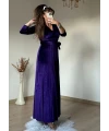 Uzun Pileli Kadife Elbise Mor
