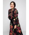 Yaka Bağlama İri Çiçek Desen Elbise Siyah
