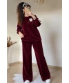 Yaka Çiçekli Kadife Takım Bordo