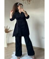 Yan Bağlamalı Fitilli kadife Takım Siyah