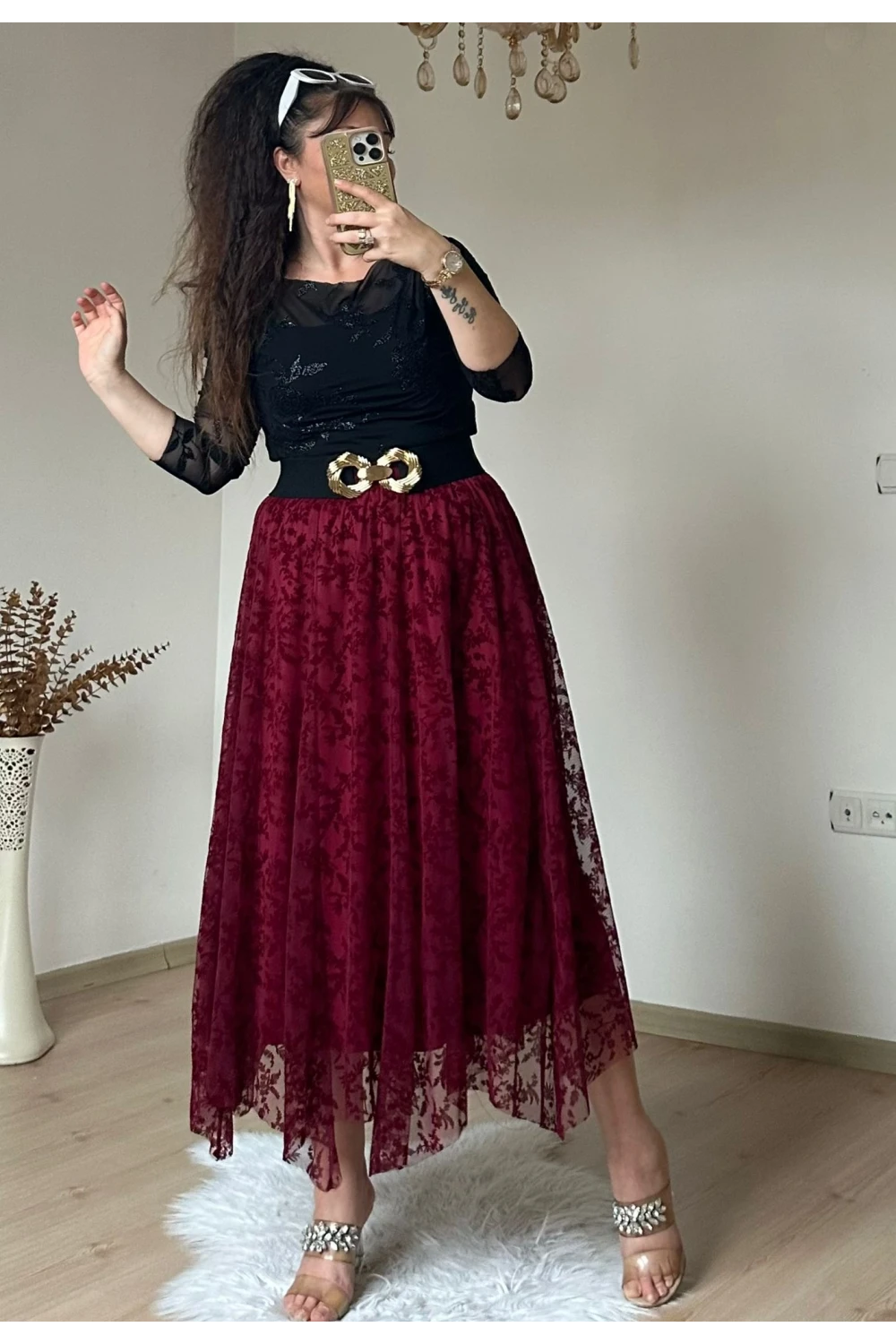 Flok Baskı Etek Bordo