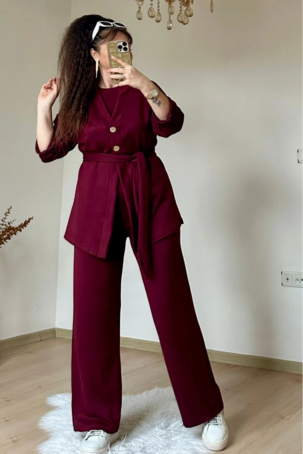 Bordo Gold Dugmelı 3 lü Takım