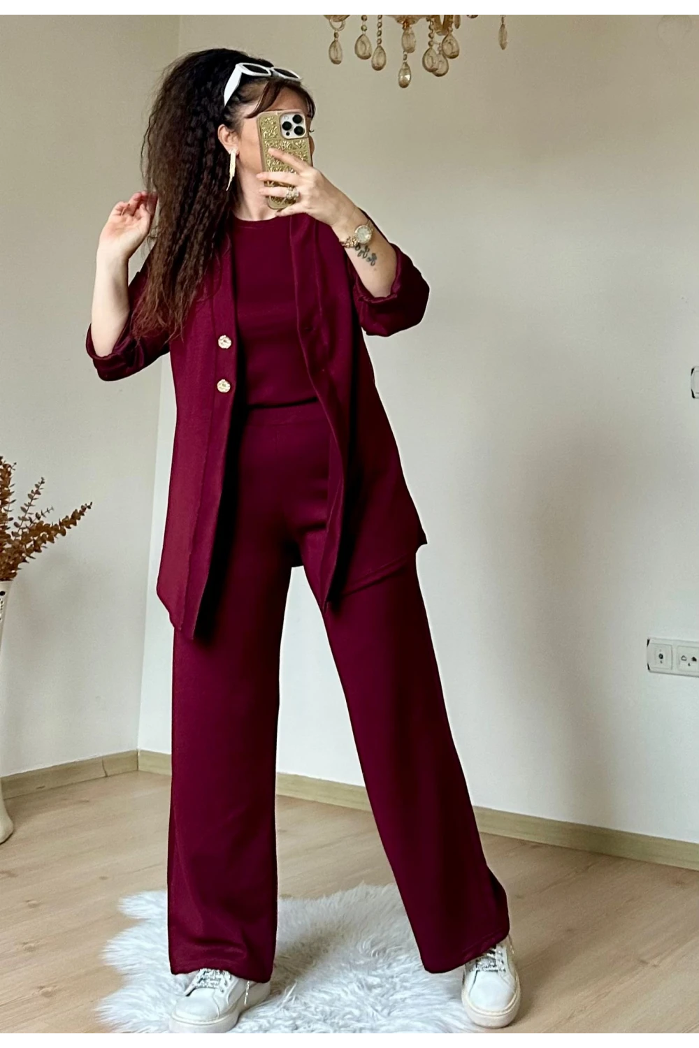 Bordo Gold Dugmelı 3 lü Takım
