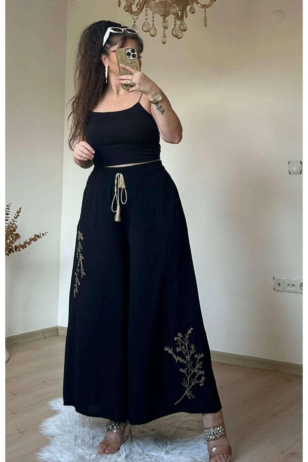 Nakış İşlemeli Pantalon Etek Siyah