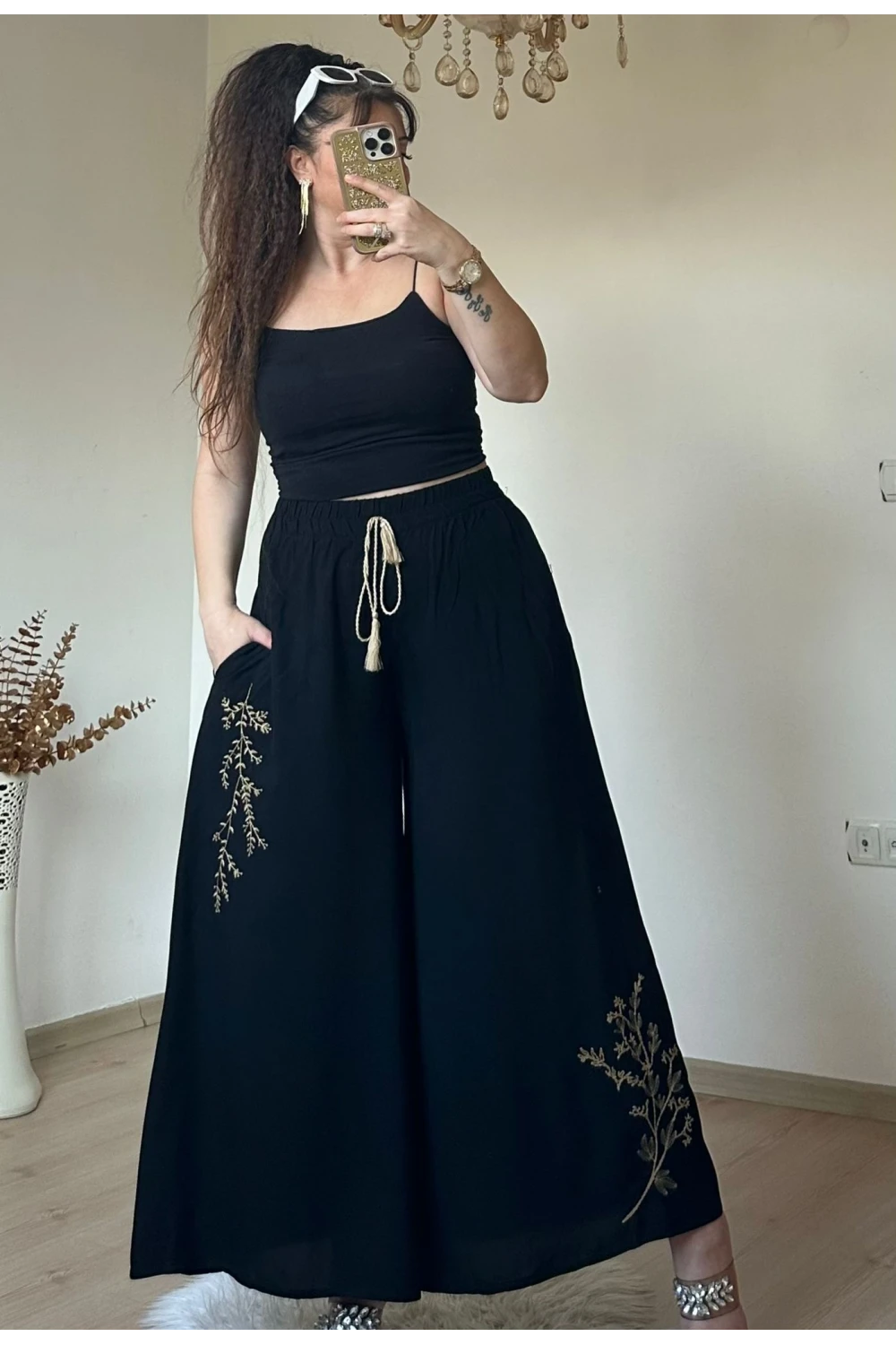 Nakış İşlemeli Pantalon Etek Siyah