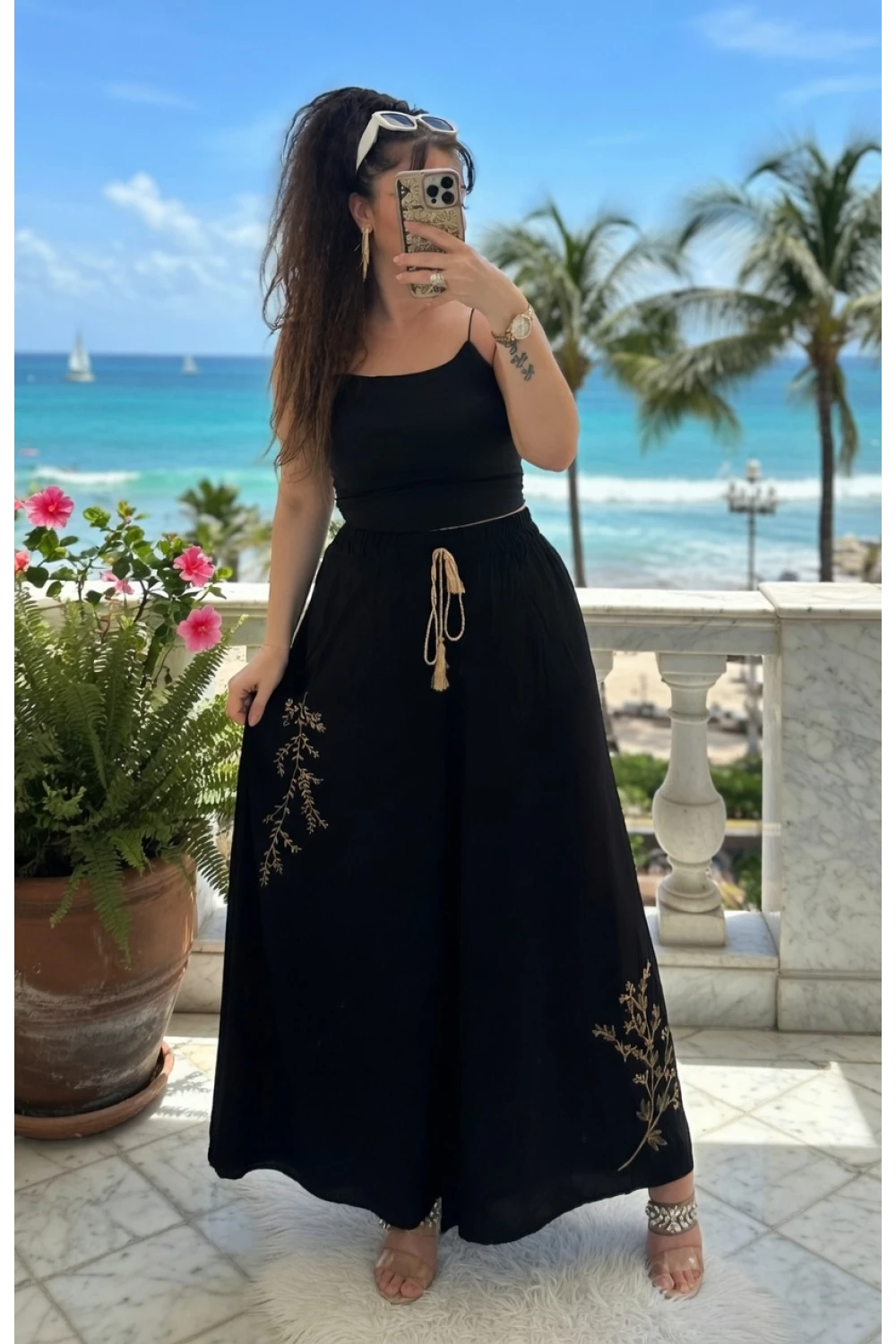 Nakış İşlemeli Pantalon Etek Siyah
