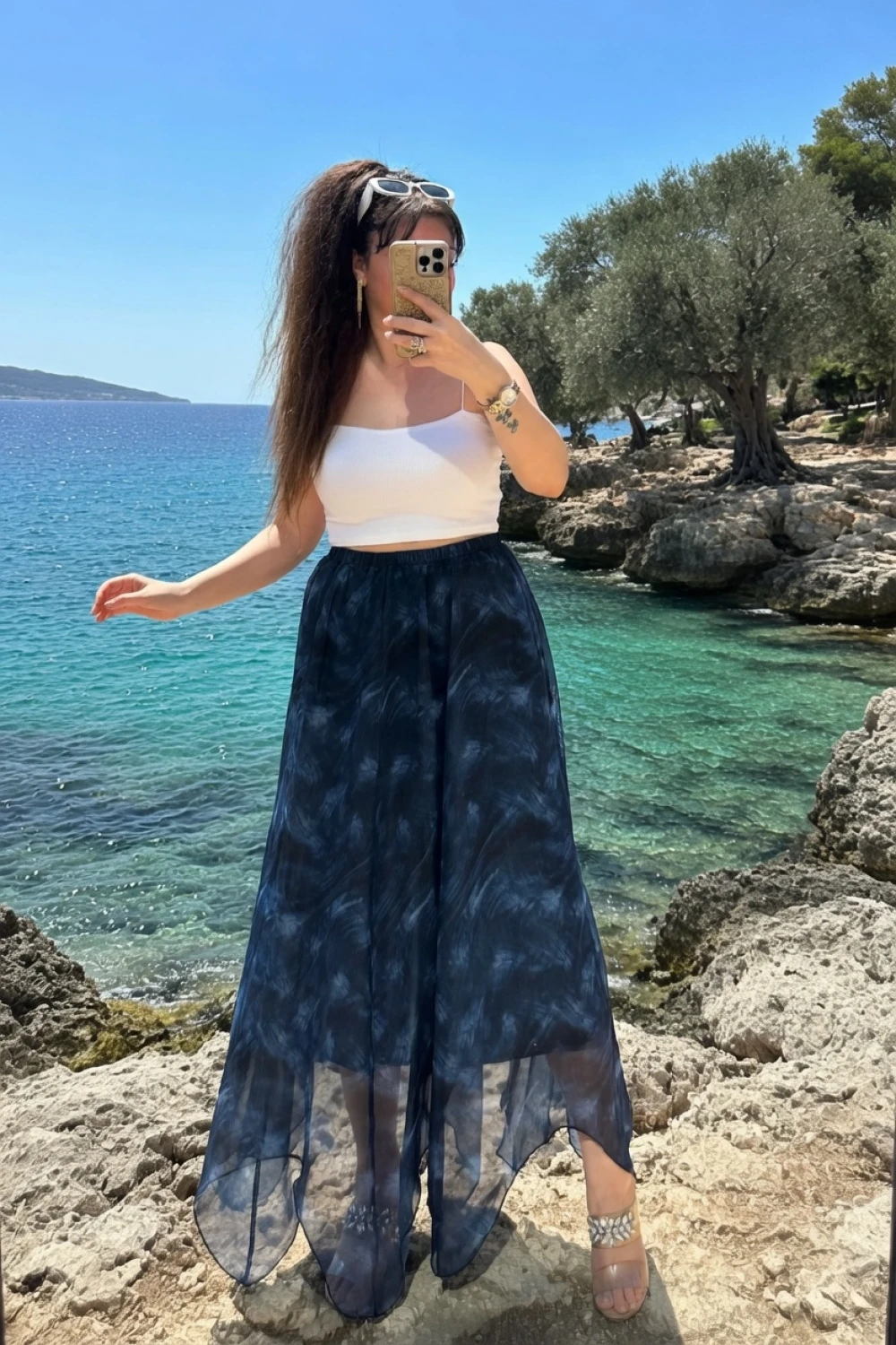 Eteği Çapraz Mavi Desen Şifon Etek