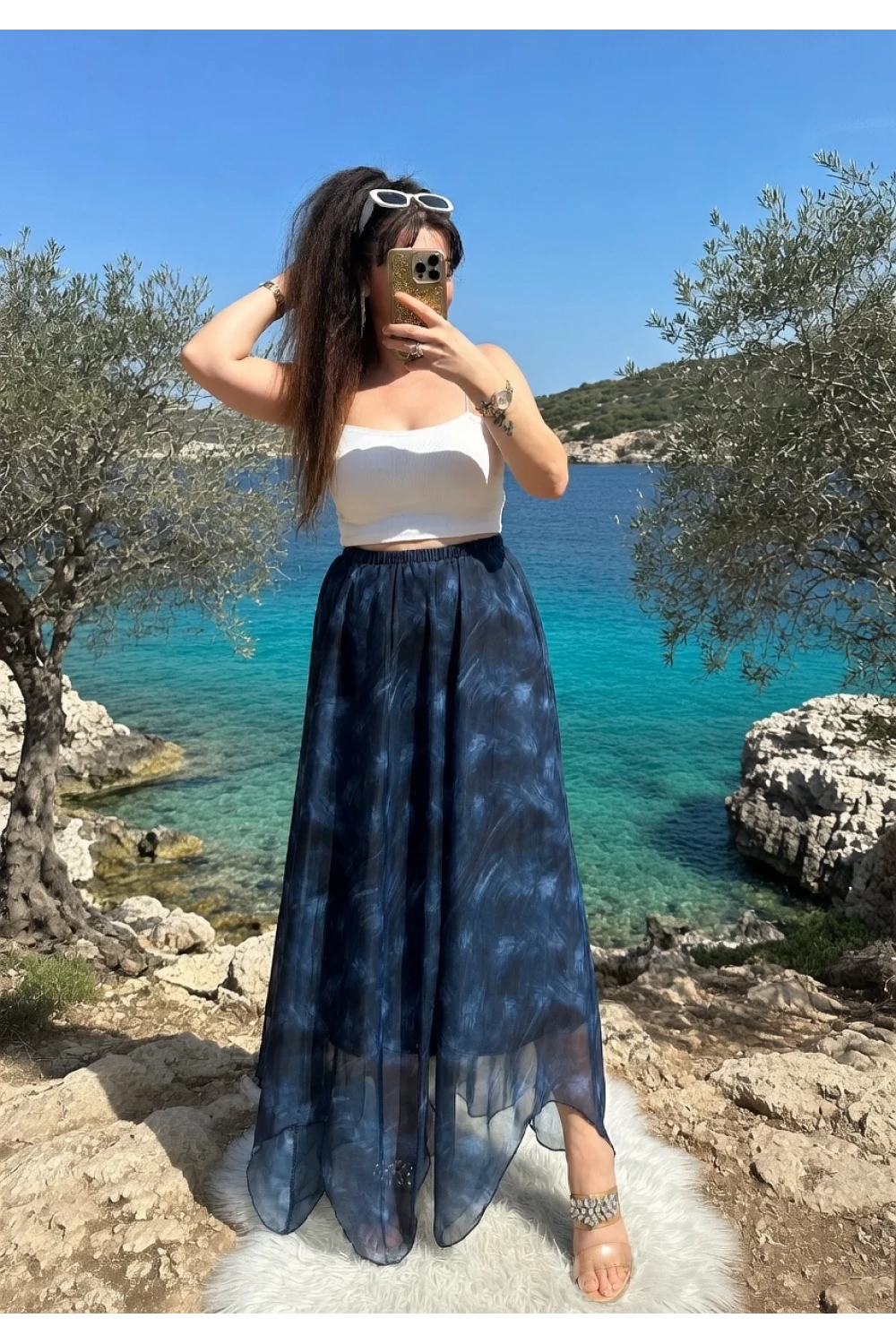 Eteği Çapraz Mavi Desen Şifon Etek