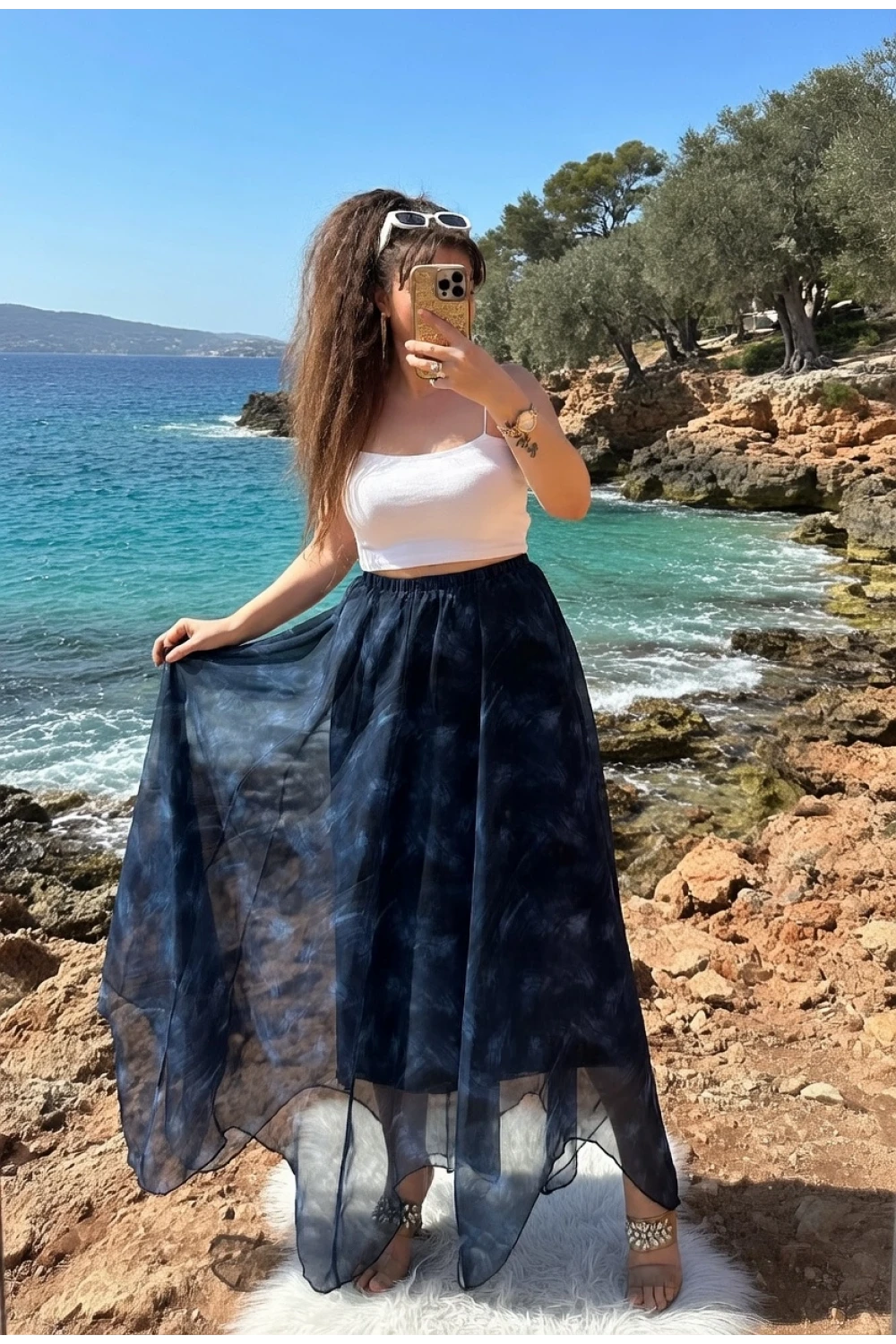 Eteği Çapraz Mavi Desen Şifon Etek