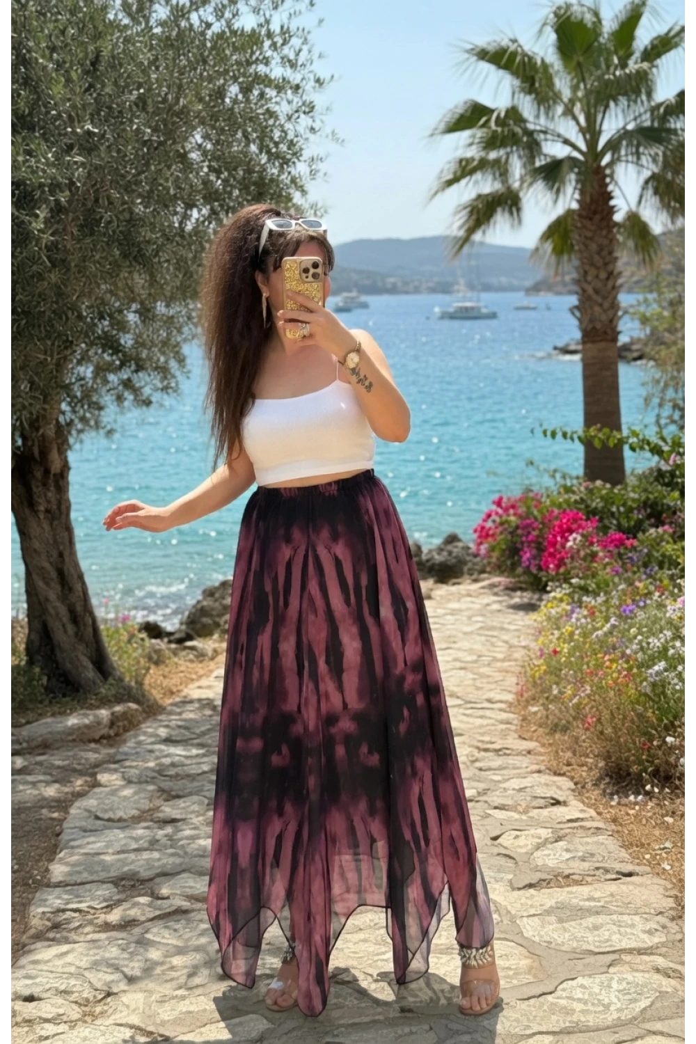 Eteği Çapraz Pembe Desen Şifon Etek