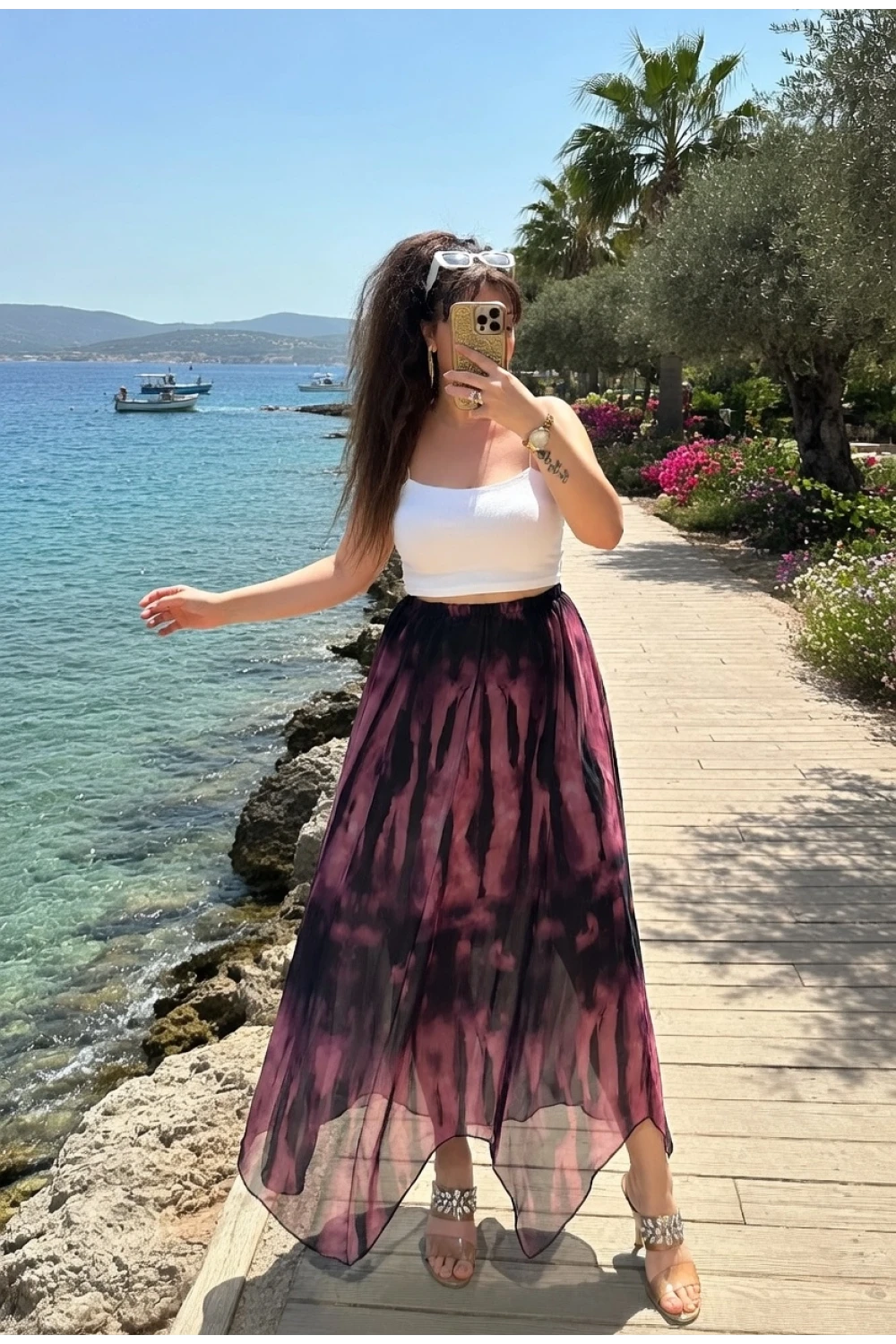 Eteği Çapraz Pembe Desen Şifon Etek