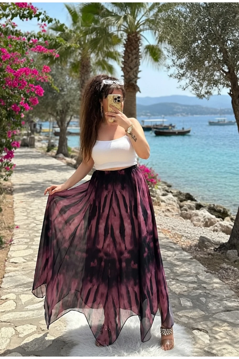 Eteği Çapraz Pembe Desen Şifon Etek