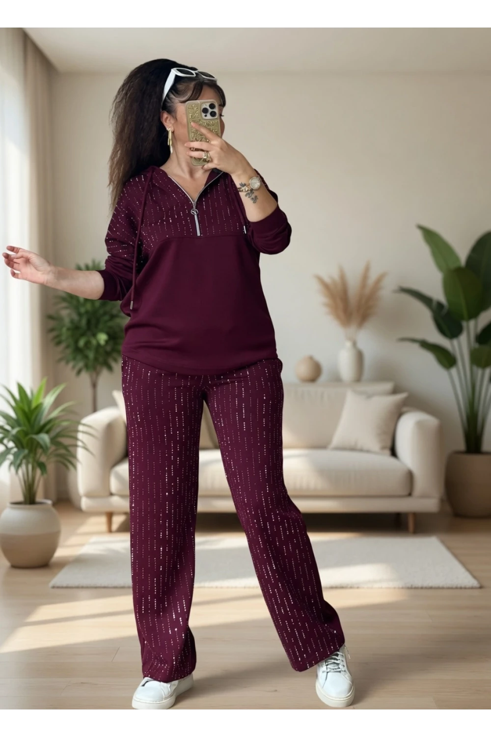 Kapusonlu Taşlı Takım Bordo Büyük Beden