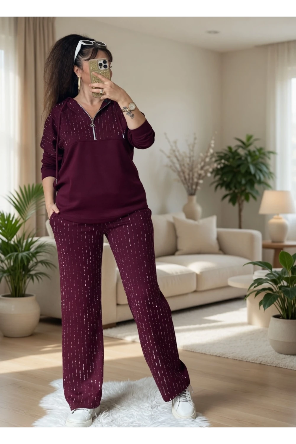 Kapusonlu Taşlı Takım Bordo Büyük Beden