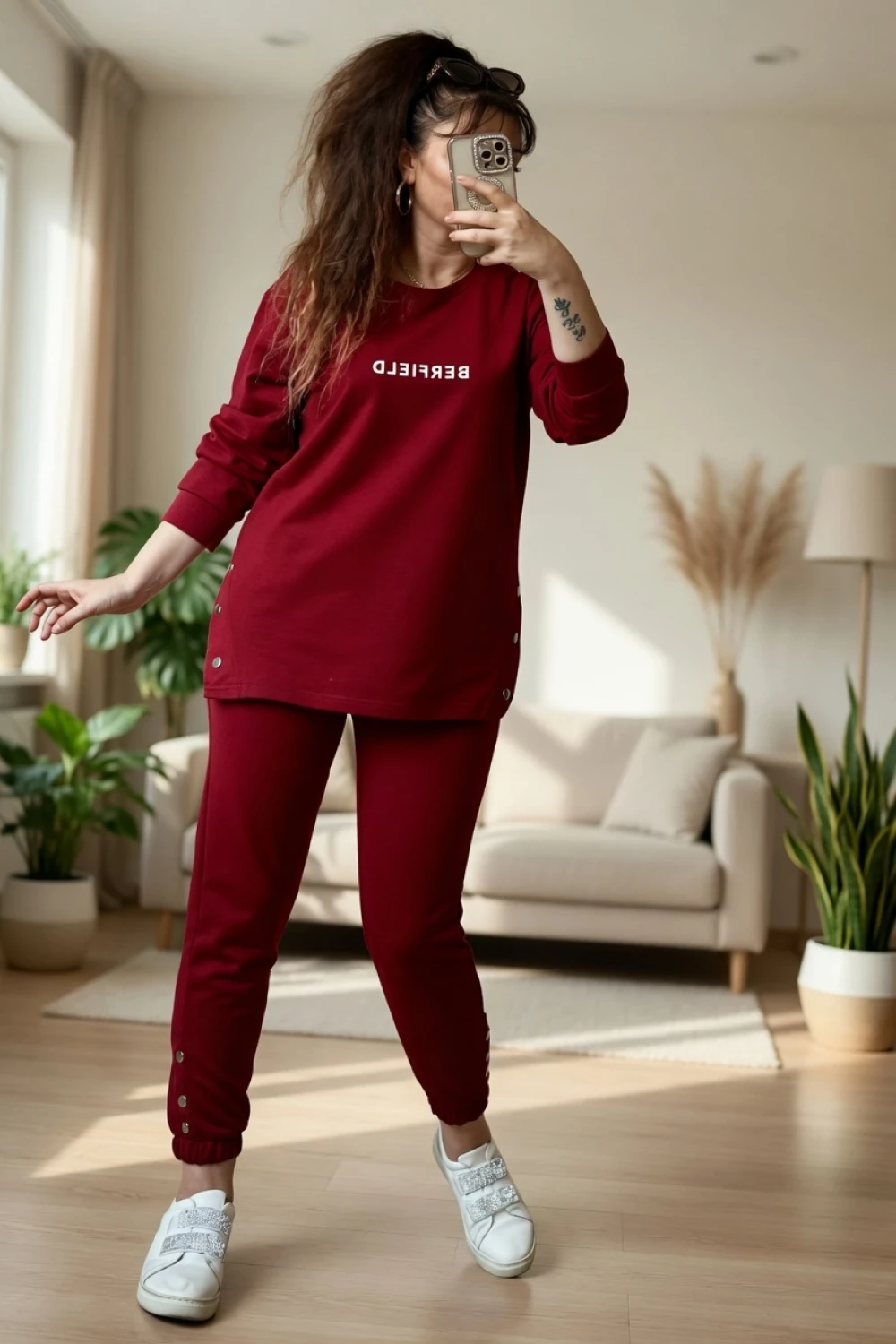 Uzun Kol Yan Çıtçıtlı Bordo Takım