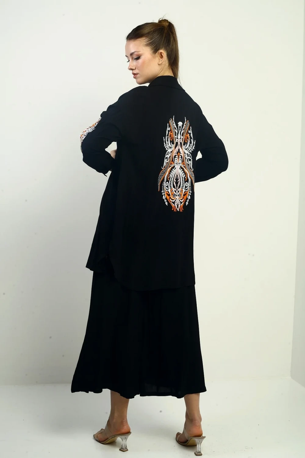 Nakışlı Oversize Pantolon Etek Gomleklı Takım Siyah