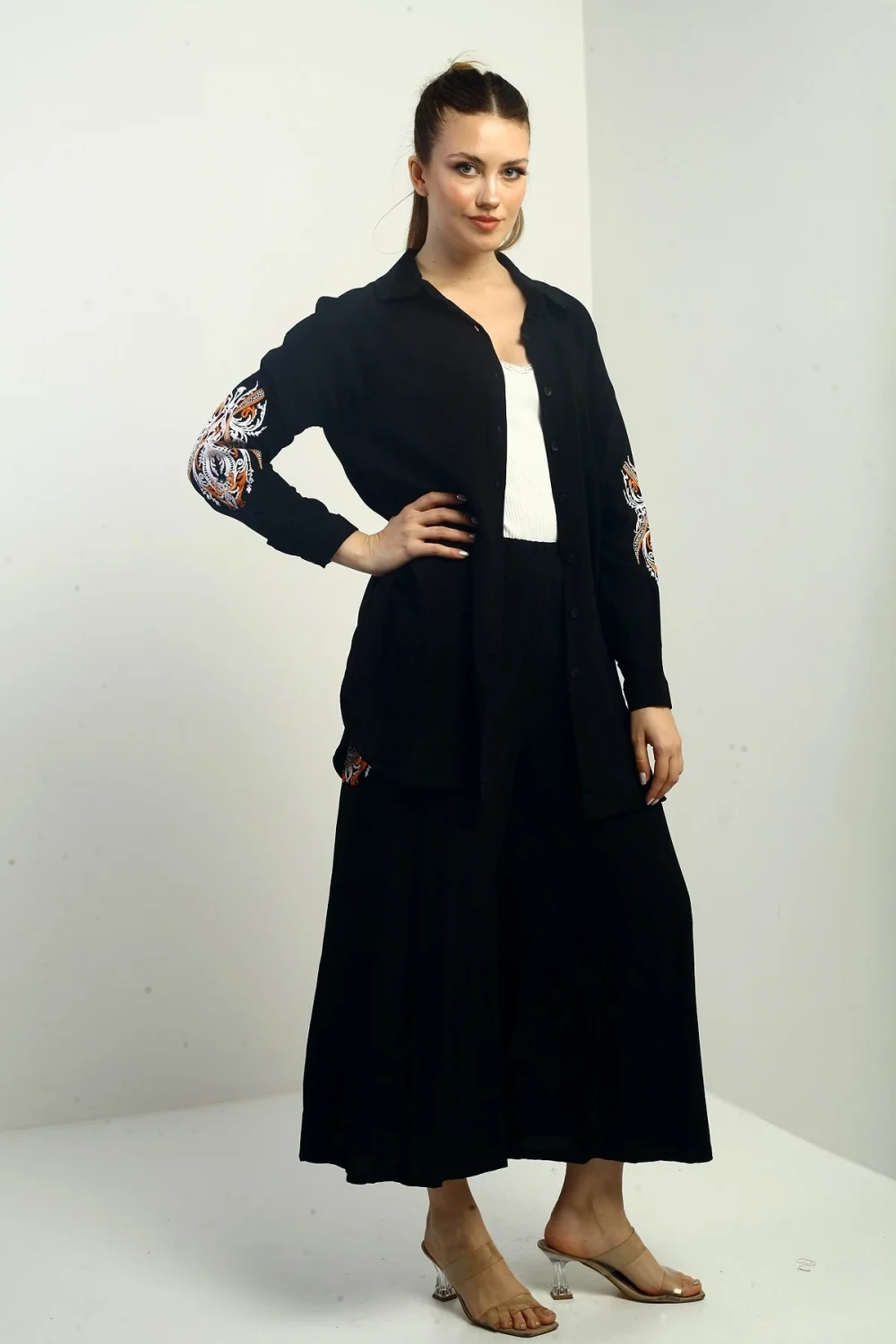 Nakışlı Oversize Pantolon Etek Gomleklı Takım Siyah