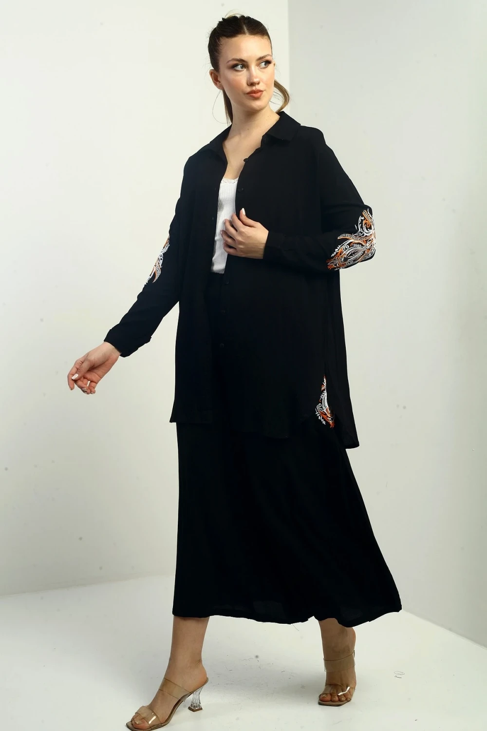 Nakışlı Oversize Pantolon Etek Gomleklı Takım Siyah