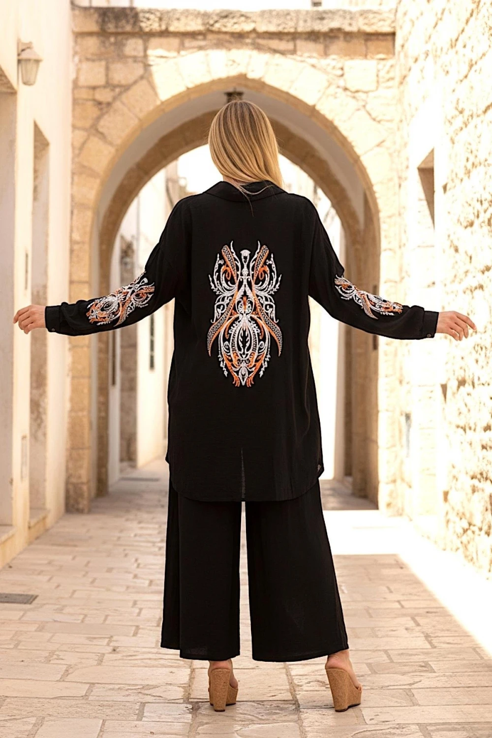 Nakışlı Oversize Pantolon Etek Gomleklı Takım Siyah