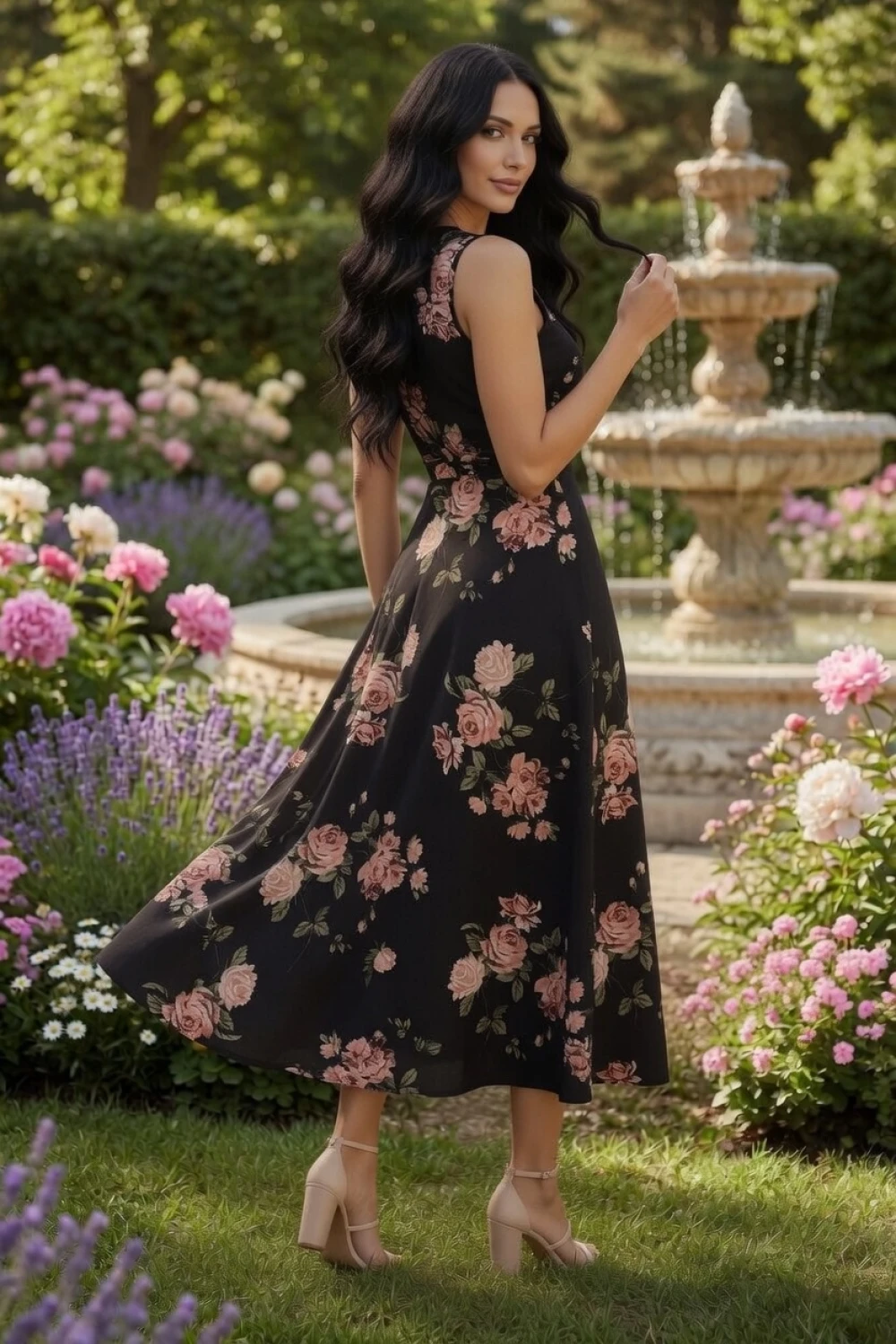 Sıfır Kol Çiçek Desen Krep Elbise