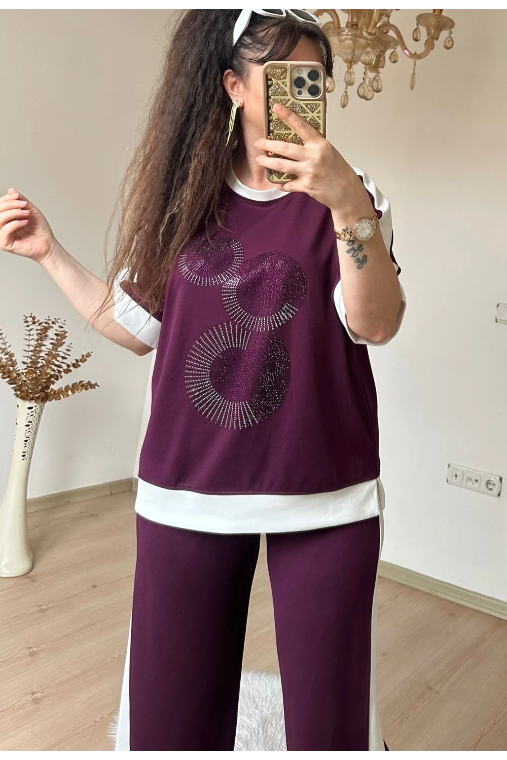 Ön Halka Taşlı Takım Bordo