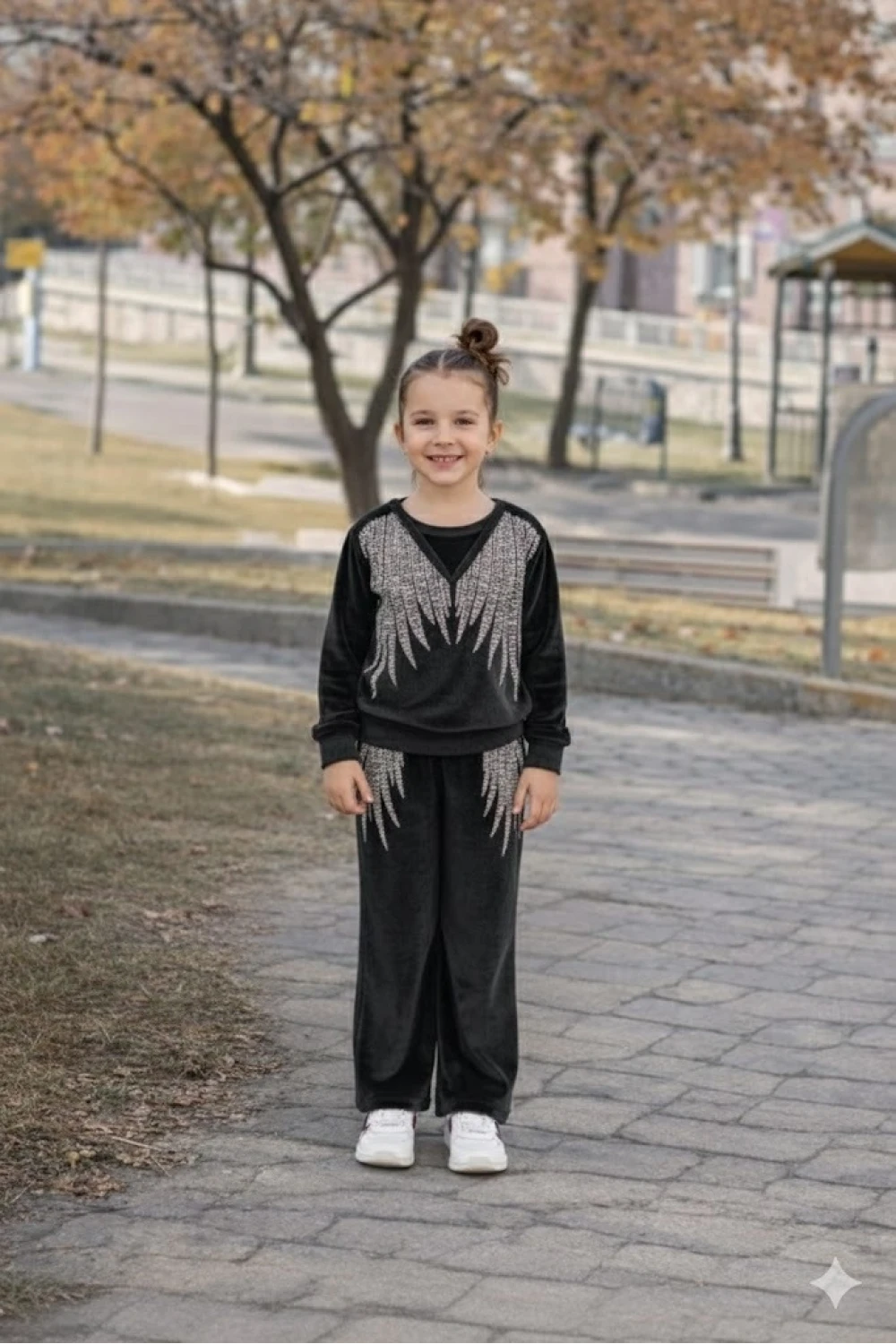 Angel Kadife Taşlı Takım Çocuk Siyah
