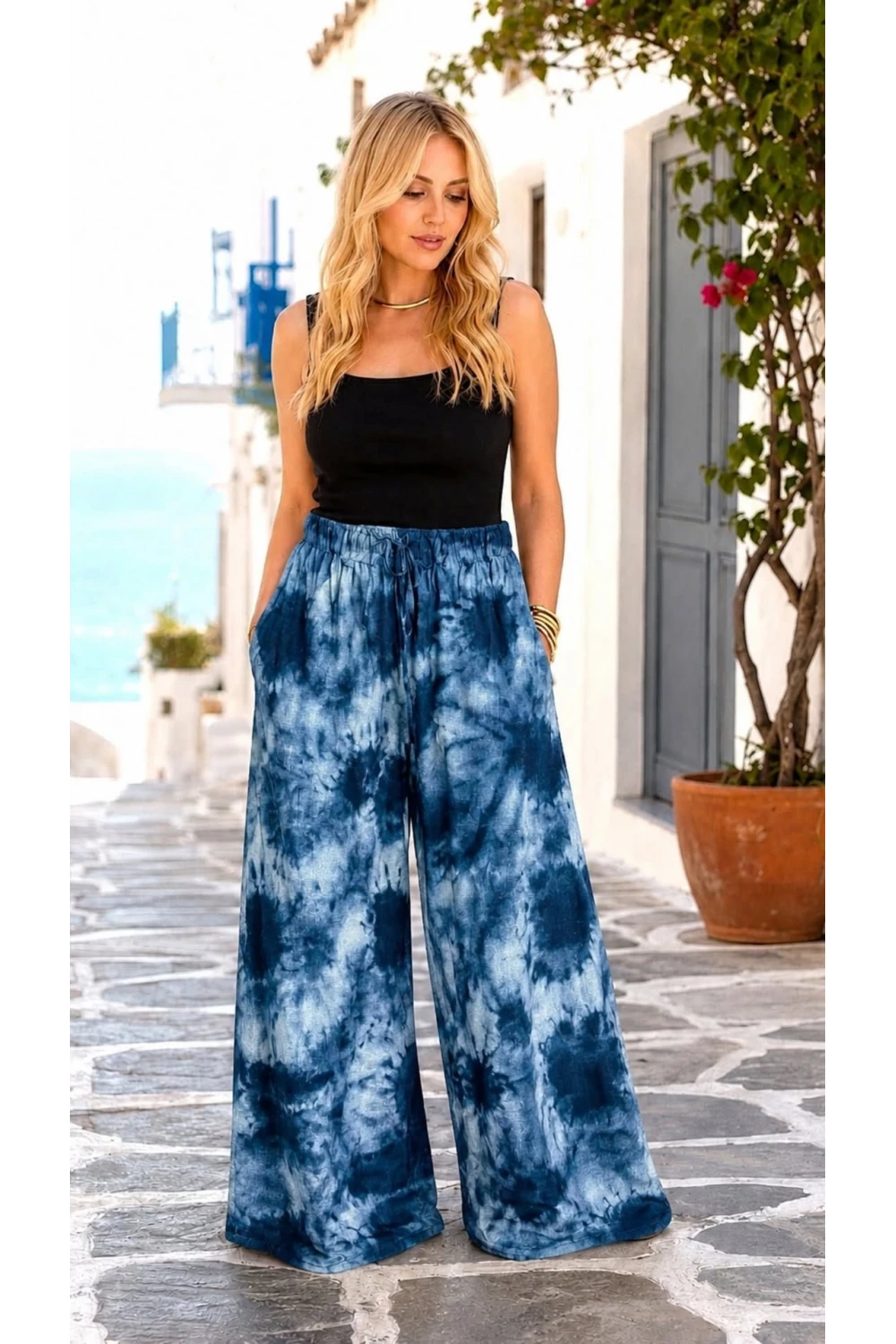 Batik Desen Beli Lastikli ve İpli Viskon Pantolon Mavi