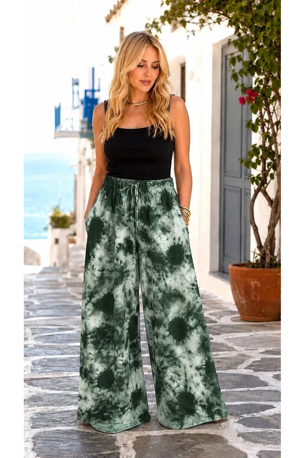 Batik Desen Beli Lastikli ve İpli Viskon Pantolon Yeşil