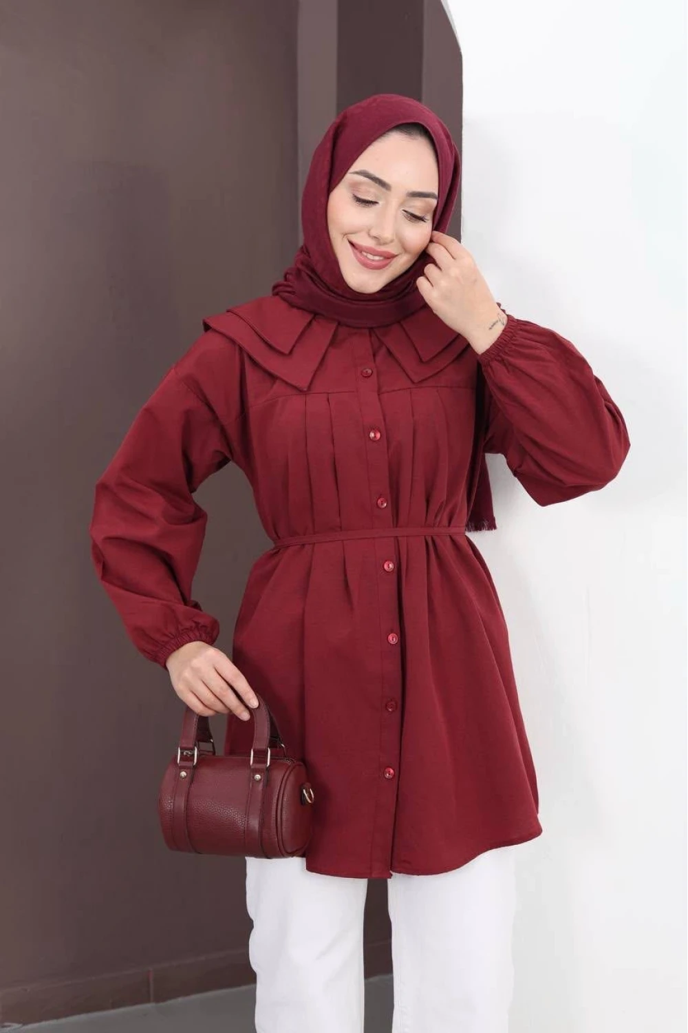 Bebe Yaka Belden Kuşaklı Gömlek Bordo